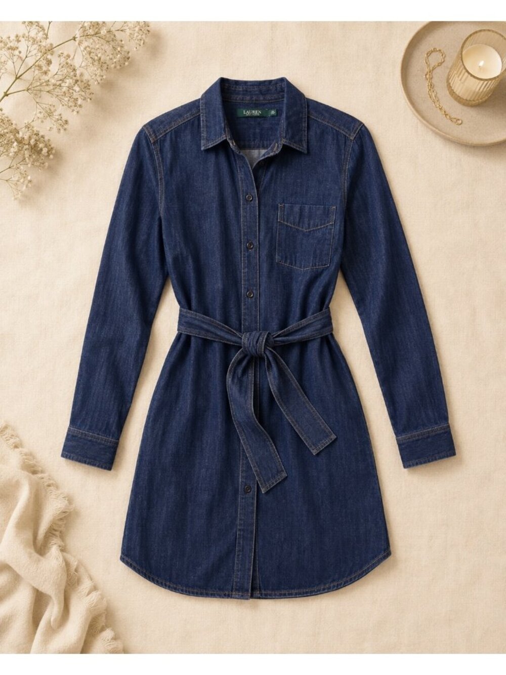 Lauren Ralph Lauren Denim Shirt Dress With Tie Waist Long Sleeves & Button-Front